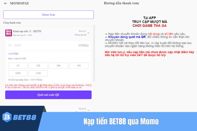 Giao dịch BET88 thông qua ví Momo